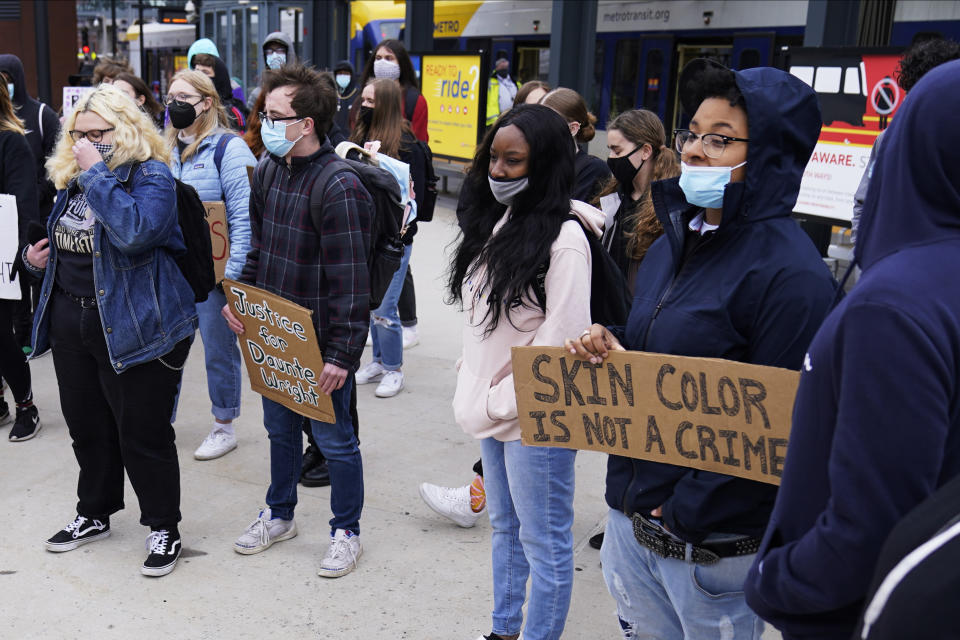 Students from Roosevelt High School in Minneapolis gather by U.S. Bank Stadium Monday, April 19, 2021, to protest killings by police in Minneapolis and Brooklyn Center, Minn. as jurors at the Hennepin County Government Center were hearing closing arguments in the trial of former Minneapolis police officer Derek Chauvin. (AP Photo/Jim Mone)