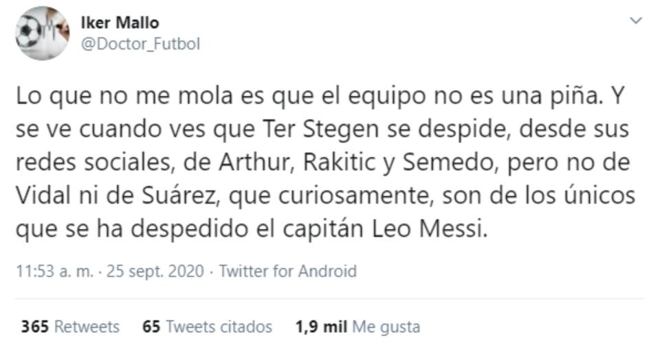 Leo Messi aprovechó la despedida a Suárez para dar un nuevo palo a Bartomeu, pero además el adiós a su amigo puso de manifiesto la división en el vestuario del Barcelona, lo que preocupa y mucho a los culés, tal y como están mostrando en las redes sociales. (Foto: Twitter / <a href="http://twitter.com/Doctor_Futbol/status/1309430713834405889" rel="nofollow noopener" target="_blank" data-ylk="slk:@Doctor_Futbol;elm:context_link;itc:0;sec:content-canvas" class="link ">@Doctor_Futbol</a>).