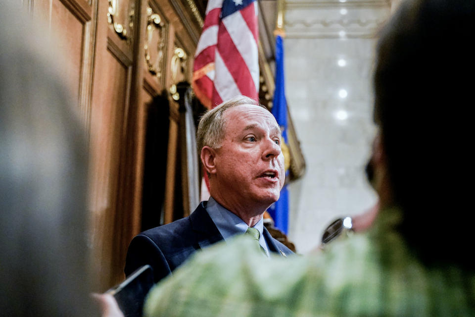 Wisconsin Assembly Speaker Robin Vos talks to the media at the state Capitol in Madison, Wis. on Feb. 15, 2022.  (Andy Manis / AP)