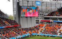 <p>Man of the Mo-ment: Salah is beamed on to a big screen at the Ekaterinburg Arena. (AP) </p>