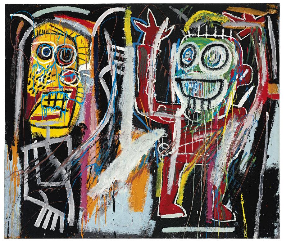 This image released by Christie's auction house on Friday April 12, 2013, shows a Jean-Michel Basquiat painting titled "Dustheads" that could sell for as much as $35 million at a May 15 auction. Basquiat's painting has set a new auction record for the graffiti artist at a sale of postwar and contemporary art in New York. Christie's says "Dustheads" sold for $48.8 million on Wednesday. (AP Photo/Christie's)