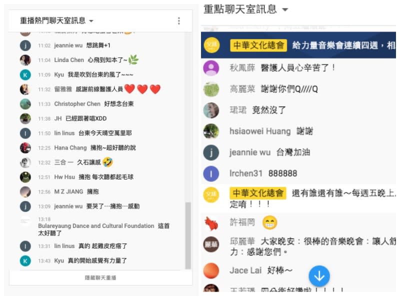 「給力量－線上演唱會」的YouTube留言區，網友太感動，狂刷留言。（圖／文化總會）