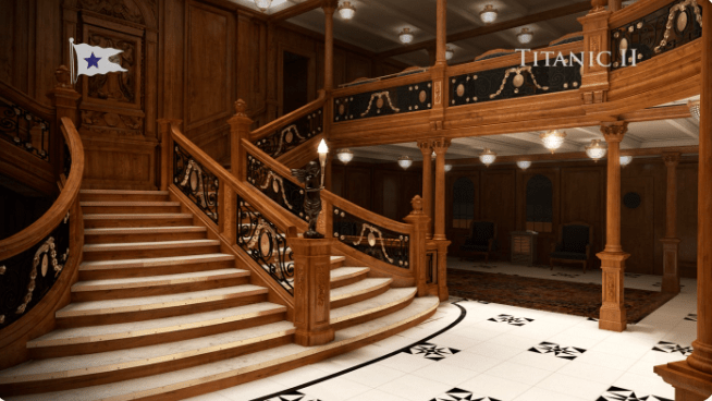 A replica of the grand staircase from the original Titanic. Australian billionaire Clive Palmer is hoping to build the Titanic II, and will use many concepts from the ship thank sank in 1912. (Blue Star Line)