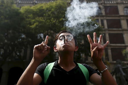 A man gestures during a demonstration in support of the legalization of marijuana outside the Supreme Court building in Mexico City, in this November 4, 2015 file photo. REUTERS/Edgard Garrido/Files