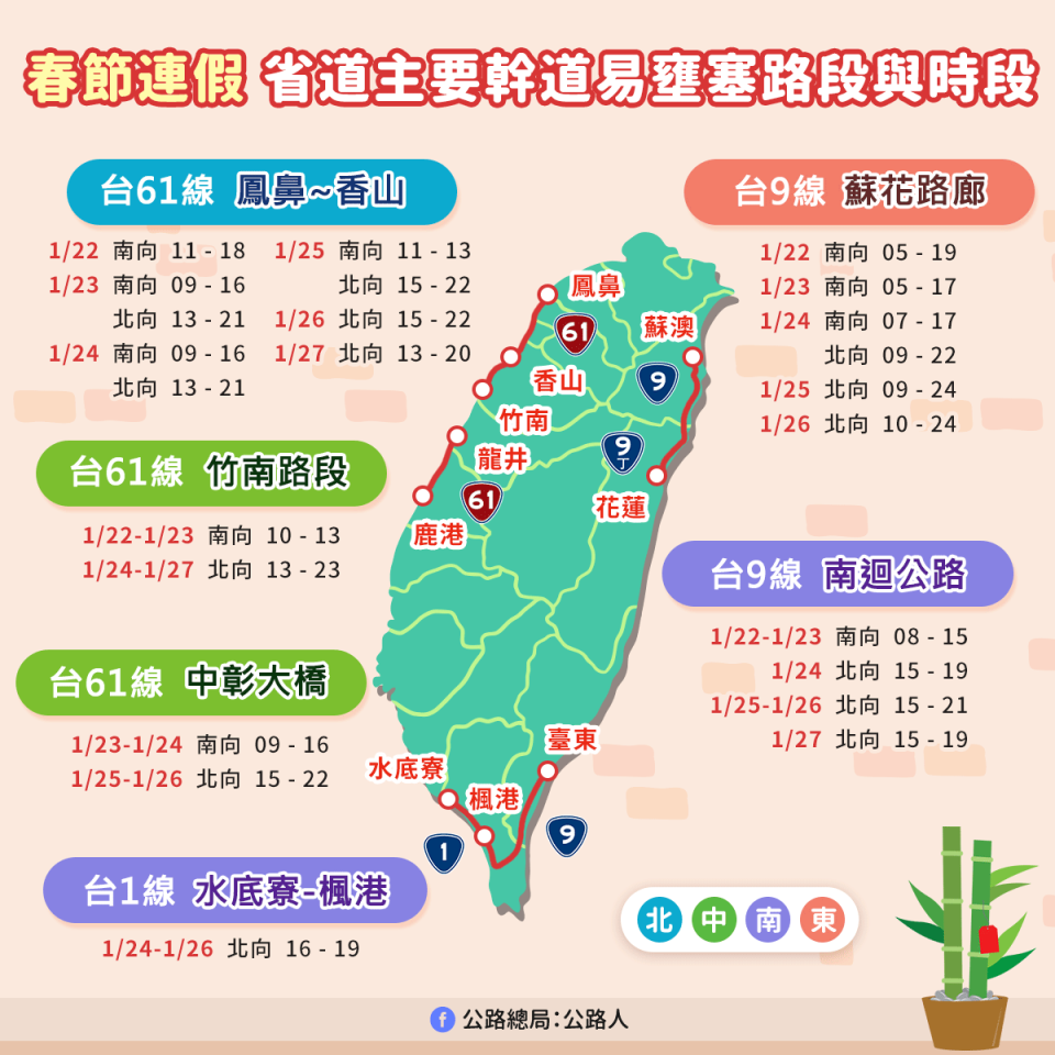 春節連假省道主要幹道易壅塞路段。   圖：公路總局／提供