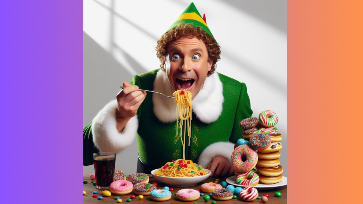 buddy the elf eating his sugary spaghetti