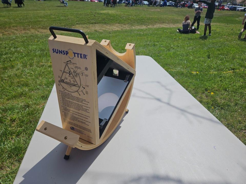 A sun spotter captures the image of the solar eclipse at Ohio University Chillicothe on April 8, 2024