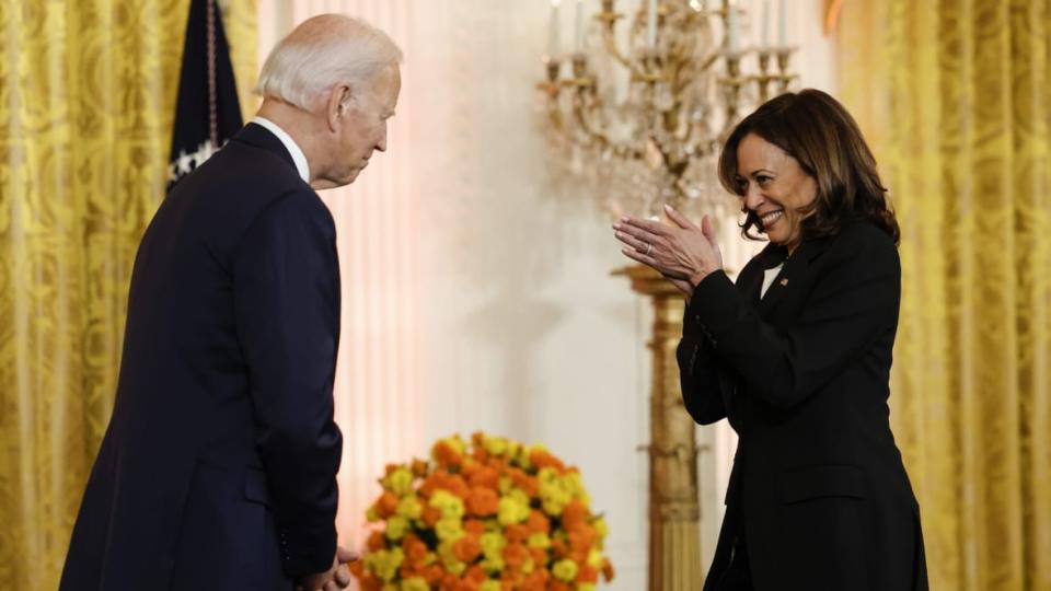 President Joe Biden looks to Vice President Kamala Harris on Oct. 24, 2022 during a reception celebrating the Hindu religious festival, Diwali, in the East Room of the White House in Washington, DC. The reception for Diwali, also known as the Festival of Lights and one of the most important festivals within Hinduism, was a first for the White House. (Photo by Anna Moneymaker/Getty Images)