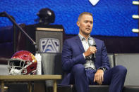 USC head coach Lincoln Riley answers questions at the NCAA college football Pac-12 media day Friday, July 21, 2023, in Las Vegas. (AP Photo/Lucas Peltier)