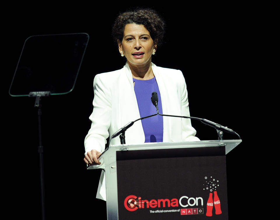 Donna Langley, chairman of Universal Pictures, addresses the audience during the Universal Pictures presentation at CinemaCon 2014 on Tuesday, March 25, 2014 in Las Vegas. (Photo by Chris Pizzello/Invision/AP)