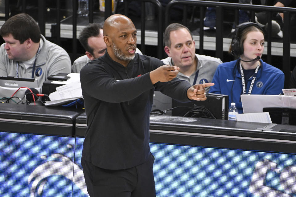 Portland Trail Blazers coach Chauncey Billups gestures during the second half of the team's NBA basketball game against the Minnesota Timberwolves on Friday, Jan. 12, 2024, in Minneapolis. (AP Photo/Craig Lassig)