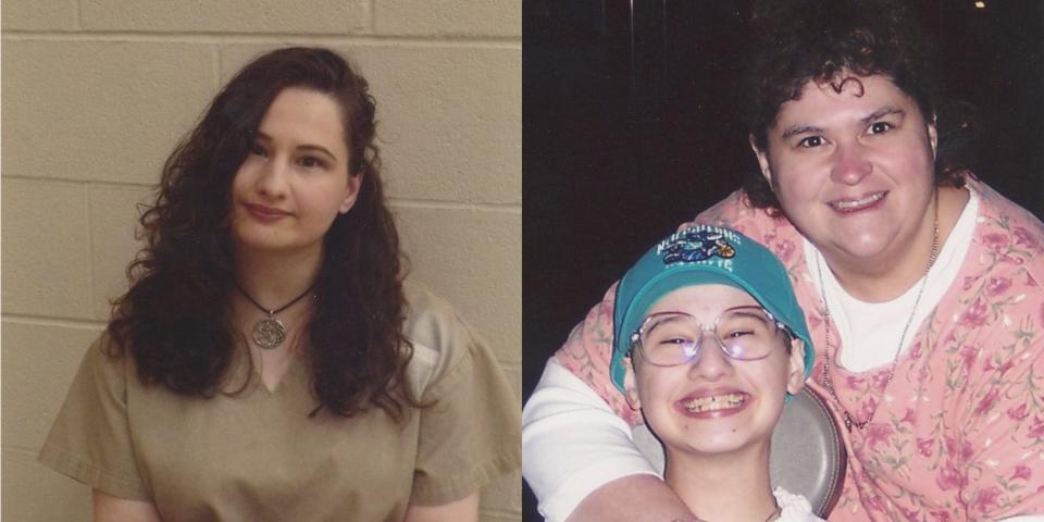 Composite image of Gypsy Rose Blanchard in a brown outfit next to an old image of her and her mom, Dee Dee Blanchard.