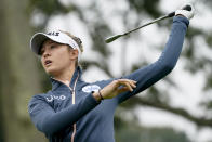Nelly Korda hits off the fifth tee in the first round of the Cognizant Founders Cup LPGA golf tournament, Thursday, Oct. 7, 2021, in West Caldwell, N.J. (AP Photo/John Minchillo)