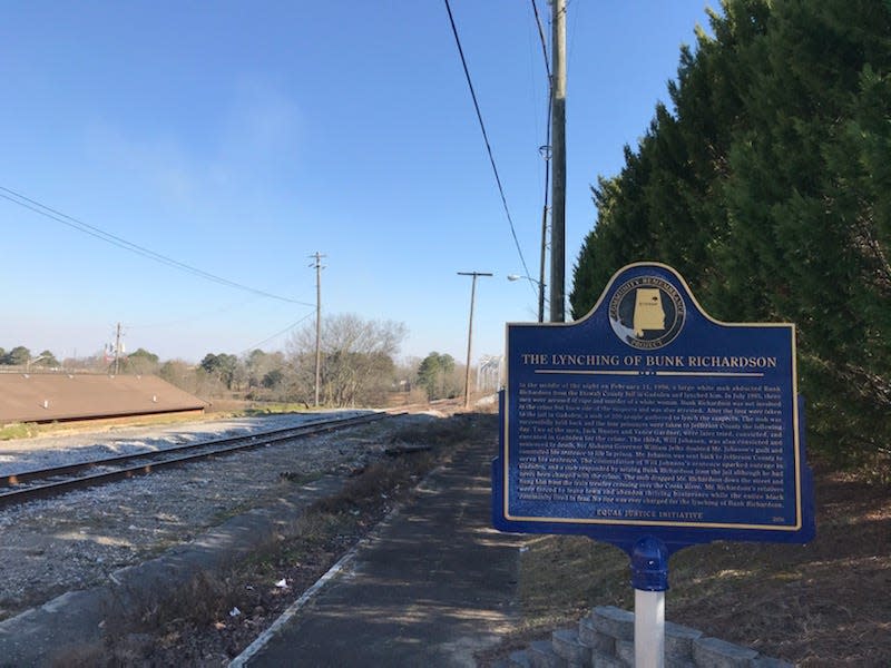 The railroad bridge behind this marker, placed by the Equal Justice Initiative, is site of the 1906 lynching of Bunk Richards, a Gadsden man who knew the details of — but was not a suspect in — a woman's murder.