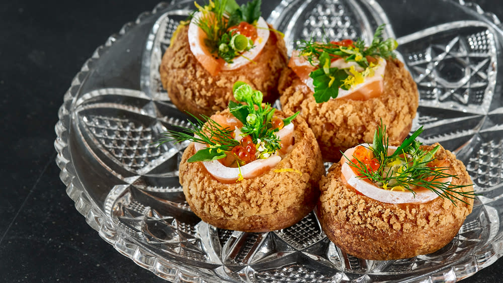 Gougeres with smoked salmon, horseradish and dill - Credit: Joseph Weaver