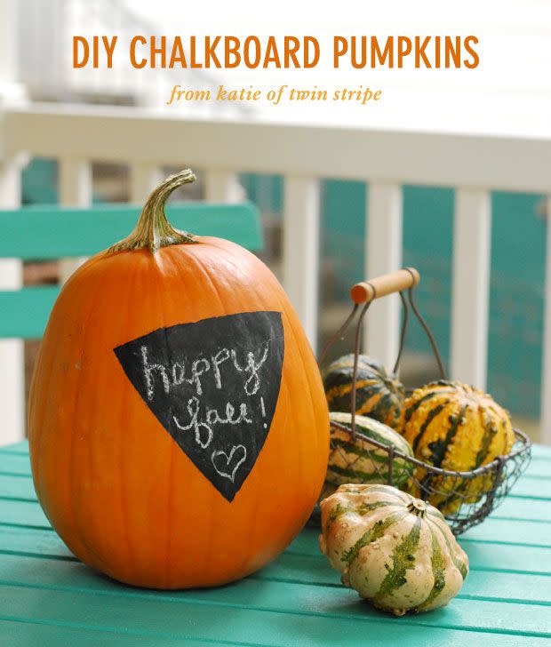 <p>Wish your guests a happy Halloween (and then Thanksgiving!) by covering the front of a pumpkin with a circle of chalkboard paint. </p><p><em><a href="http://blog.oubly.com/halloween-pumpkin-decorating-ideas/" rel="nofollow noopener" target="_blank" data-ylk="slk:Get the tutorial at Oubly »;elm:context_link;itc:0;sec:content-canvas" class="link ">Get the tutorial at Oubly »</a></em></p>