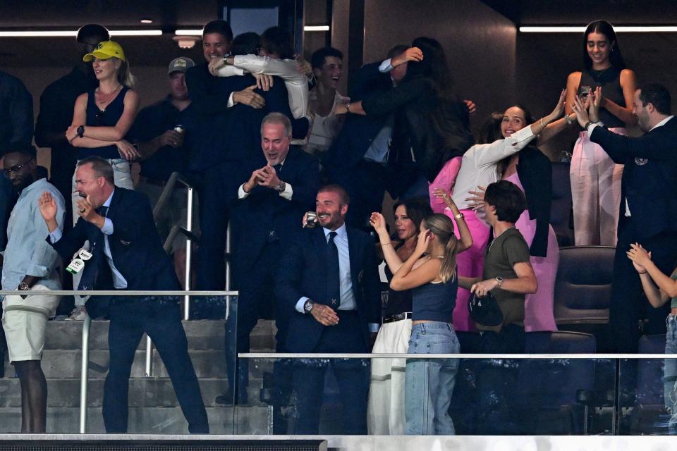Inter Miami's co-owners Jorge Mas, David Beckham and Jose Mas celebrate after Inter Miami won the Leagues Cup final football match against Nashville SC at Geodis Park in Nashville, Tennessee, on August 19, 2023. (Photo by CHANDAN KHANNA / AFP) (Photo by CHANDAN KHANNA/AFP via Getty Images)