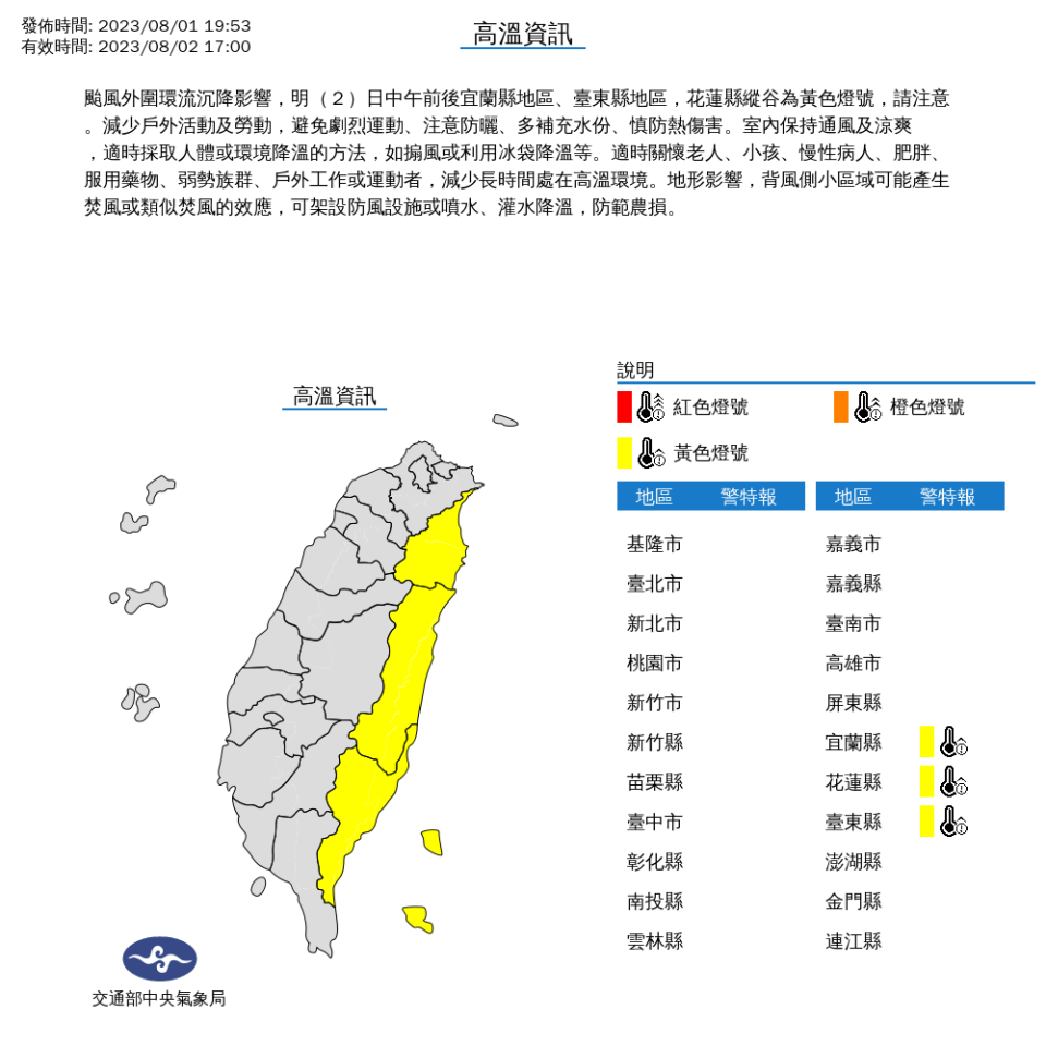 中央氣象局針對3縣市發布高溫特報。（圖取自中央氣象局網站）