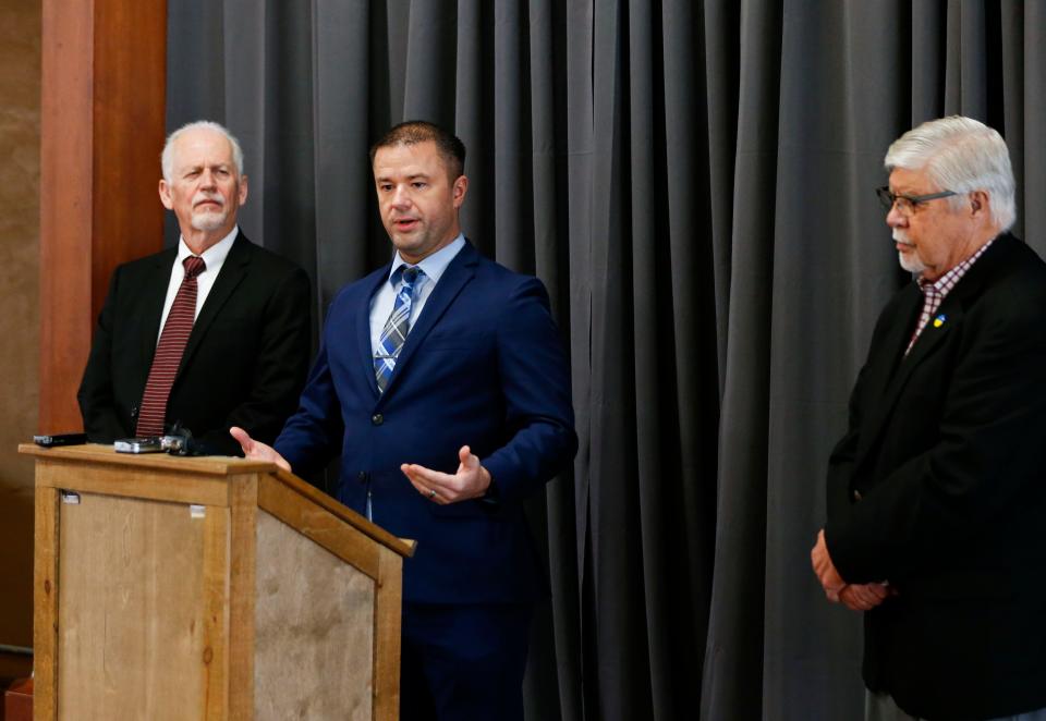 Jacob Brower, treasurer of Vote417, speaks at a press conference Tuesday renouncing a political attack ad on Springfield School Board candidate Charles Taylor.