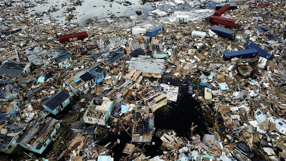 Extensive damage and destruction in the aftermath of Hurricane Dorian is seen in an area called "The Mud" at Marsh Harbour in Great Abaco Island, Bahamas on Thursday, Sept. 5, 2019. (AL Diaz/Miami Herald via AP)