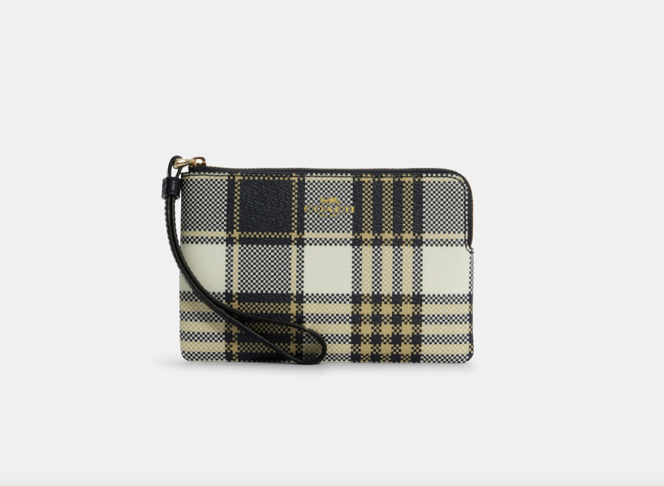 Coach Outlet Corner Zip Wristlet With Garden Plaid Print in Gold/Midnight Multi (Photo via Coach Outlet)