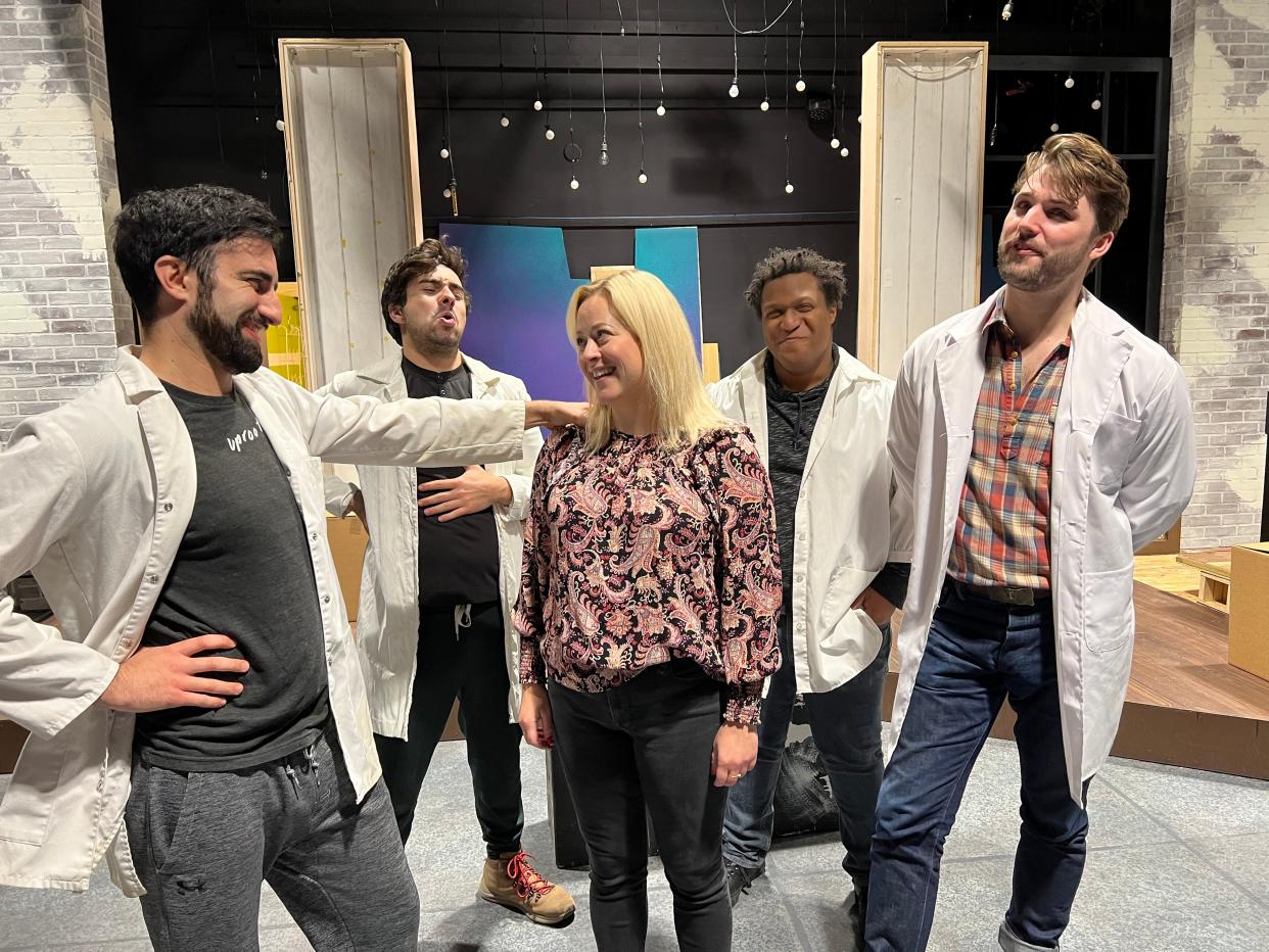 Cast members rehearse for the Bloomington Playwrights Project production of "just Between the All of Us." Pictured are Matthew Curiano, Alexander Quinones, Michael Martin, Kyle Pitts and Ali Reed.