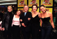 Television presenters Ulrika Jonsson (left) and Melanie Sykes (right), comic actor Rik Mayall (centre) and actress Helen Mahieu arrive for the premiere of the film Guest House Paradiso, at the Warner West End cinema in Leicester Square, London. (Photo by Justin Williams - PA Images/PA Images via Getty Images)