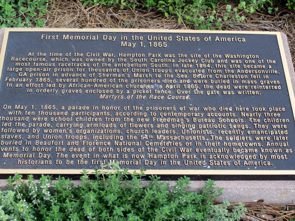 A marker in Hampton Park in Charleston, S.C., shown in this May 23, 2011 photo, commemorates the 1865 honoring of Union soldiers who died at a Confederate prisoner of war camp on the site. Some historians contend that the event in the city where the Civil War began marks the first Memorial Day observance in the United States.