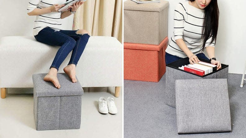 This storage cube does double duty as an ottoman.