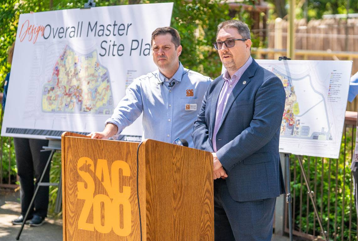 Christopher Jordan, Elk Grove director of strategic planning and innovation, right, and Jason Jacobs, Sacramento Zoo executive director, talk to the media during a news conference at the Sacramento Zoo in Land Park on Monday, May 6, 2024. Cameron Clark/cclark@sacbee.com