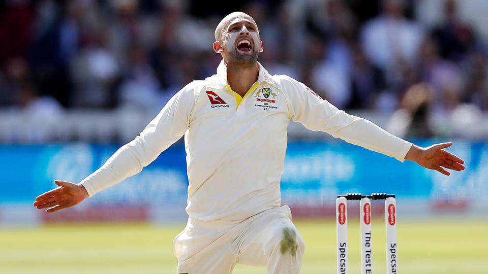 Nathan Lyon of Australia celebrates after taking the wicket of Ben Stokes of England day two of the Ashes Test between on August 15, 2019 in London, England. (Photo by Ryan Pierse/Getty Images)