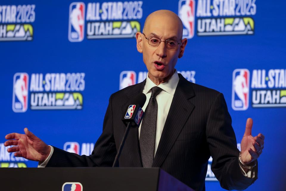 NBA Commissioner Adam Silver answers questions during the NBA basketball All-Star weekend Saturday, Feb. 18, 2023, in Salt Lake City. (AP Photo/Rob Gray)