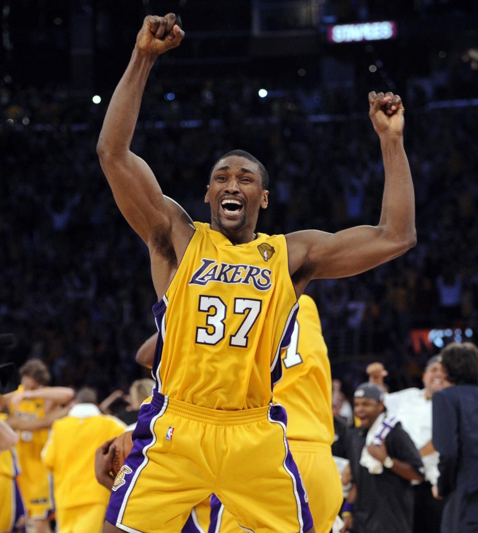 Ron Artest reacts after making a three-point shot against the Celtics with 1:01 left in the fourth quarter of Game 7 of the 2010 NBA Finals to help clinch a win.