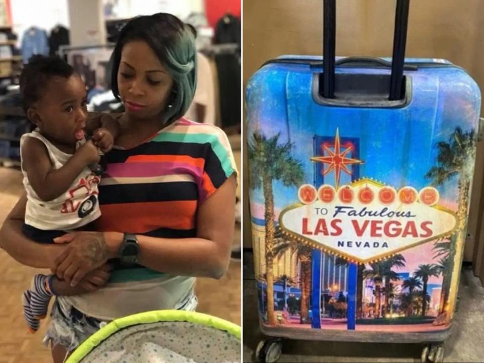 Cairo Jordan and his mother Dejaune Anderson on left. The suitcase his body was dumped in on right  (INDIANA STATE POLICE)