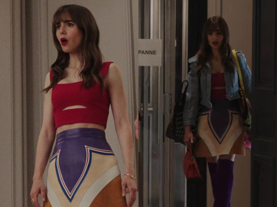 Lily Collins in a Louis Vuitton skirt in "Emily in Paris."