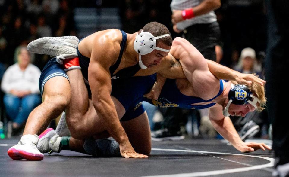 Penn State’s Aaron Brooks controls South Dakota’s Tanner Sloan in the 197 lb bout of the National Wrestling Coaches Association All-Star Classic at Rec Hall on Tuesday, Nov. 21, 2023.