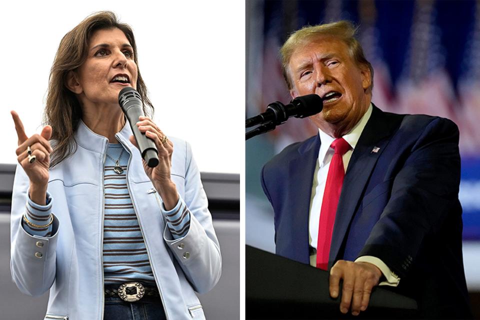 This combo photo shows Republican presidential candidate former UN Ambassador Nikki Haley, left, in Greenwood, S.C., and Republican presidential candidate former President Donald Trump in Conway, S.C., both on Saturday, Feb. 10, 2024.