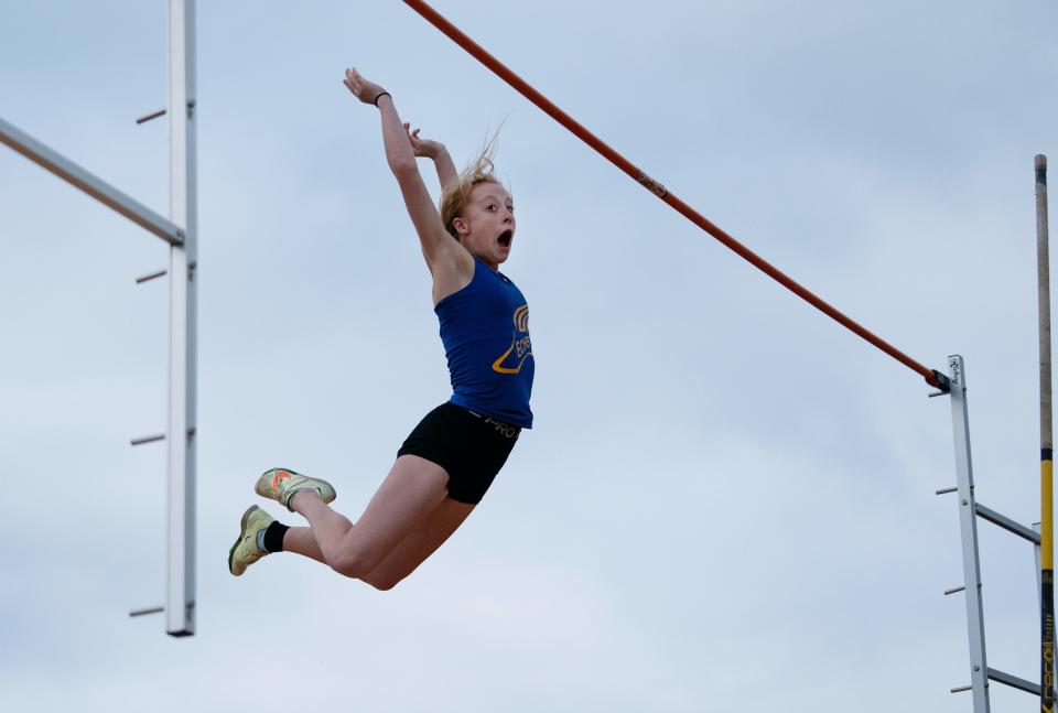 Evansville Christian's Ann Elise Sloan clears 11' 5" in the pole vault during the IHSAA Sectional 32 at Central Stadium Tuesday evening, May 16, 2023.