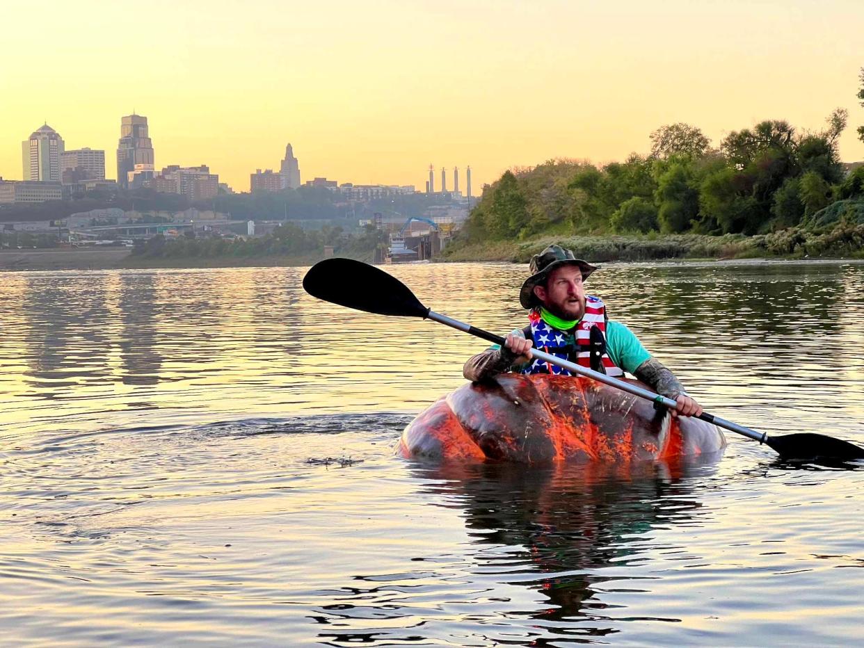 Steve Kueny of Lebanon broke the Guinness World Record for longest trip in a pumpkin on Monday, Oct. 9, when he paddled from Kansas City, Kansas, to Napoleon, Missouri. The 38-mile-long voyage took him nearly 11 hours.