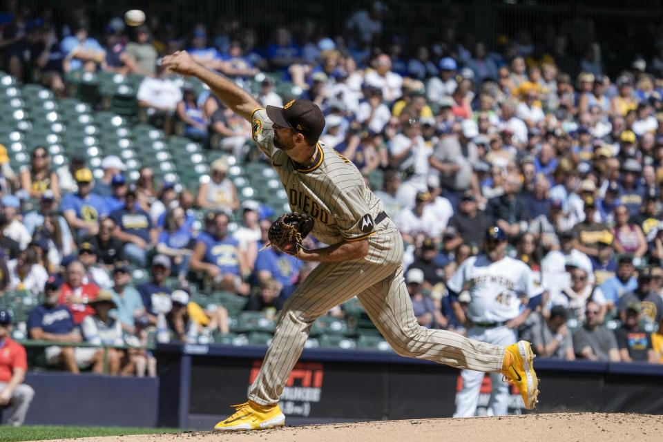 San Diego Padres starting pitcher Michael Wacha throws during the first inning of a baseball game against the Milwaukee Brewers Sunday, Aug. 27, 2023, in Milwaukee. (AP Photo/Morry Gash)