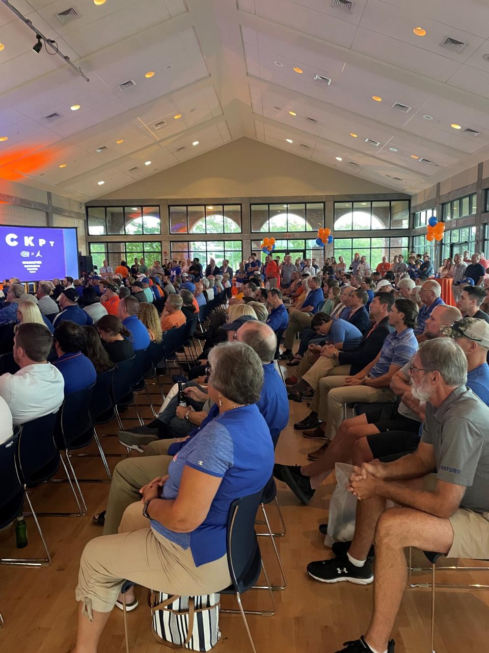 A sellout crowd of roughly 400 people filled in the Sanders Beach - Corinne Jones Resource Center to hear Florida Gators football coach Billy Napier speak on May 13, 2022.