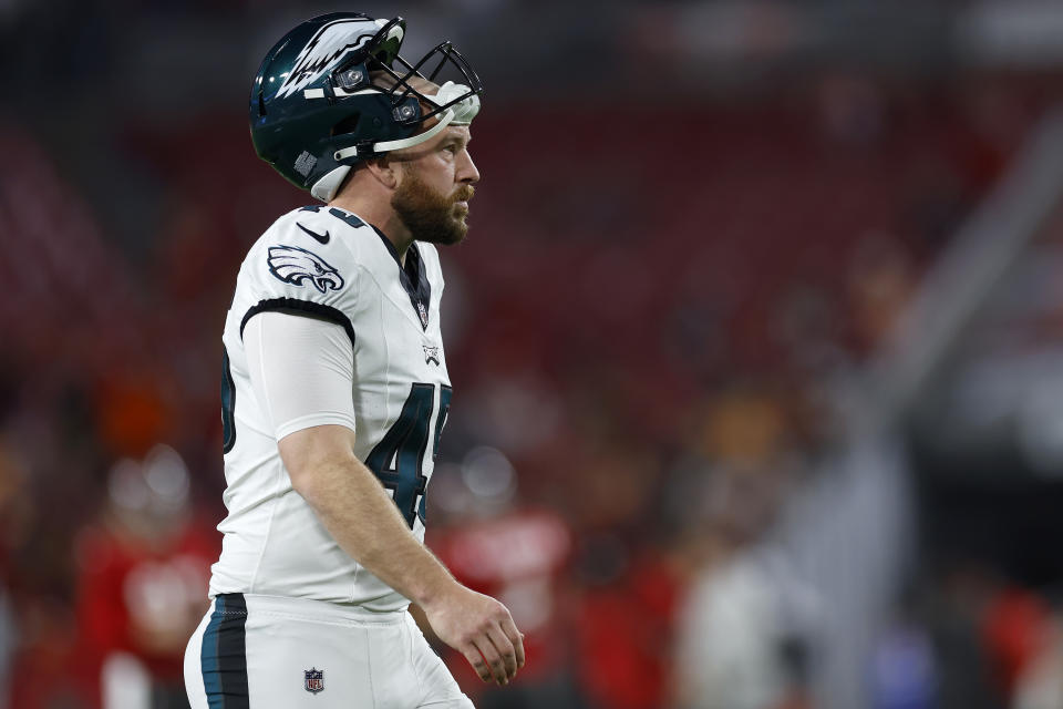 TAMPA, FLORIDA – JANUARY 15: Rick Lovato #45 of the Philadelphia Eagles looks on prior to the NFC Wild Card Playoffs against the Tampa Bay Buccaneers at Raymond James Stadium on January 15, 2024 in Tampa, Florida. (Photo by Mike Ehrmann/Getty Images)