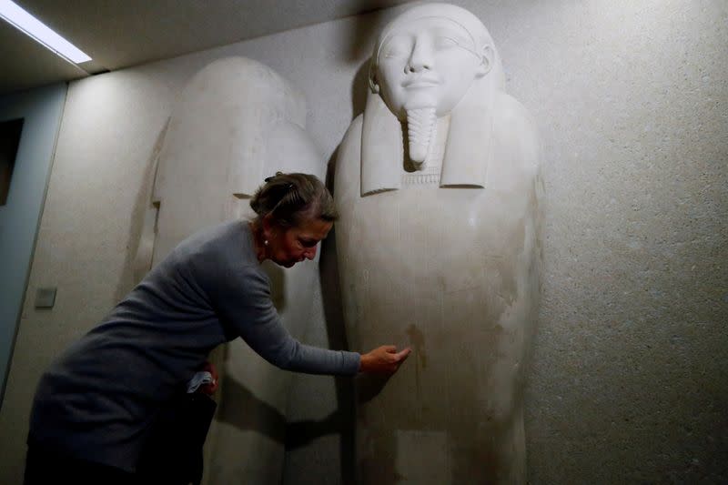 Friederike Seyfried, Director of the Egyptian Museum and Papyrus Collection shows a damaged sarcophagus of the prophet Ahmose in Berlin