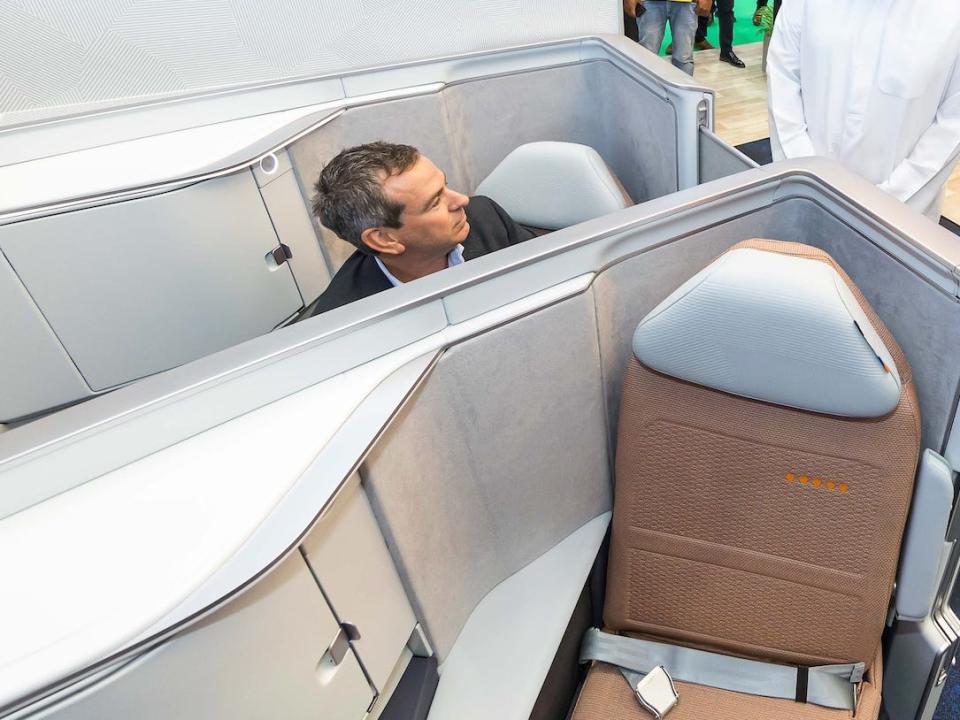 Flydubai's new single-aisle VUE seat at the 2023 Arabian Travel Market.