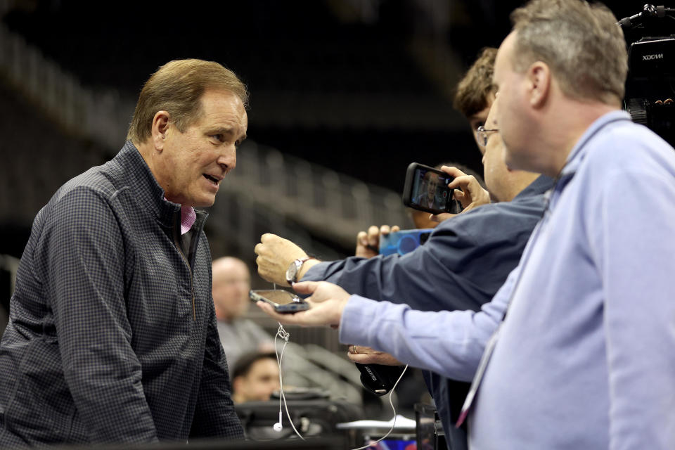 Broadcaster Jim Nantz is interviewed prior to the NCAA Tournament at the T-Mobile Center on March 23, 2023, in Kansas City, Missouri. / Credit: Getty Images