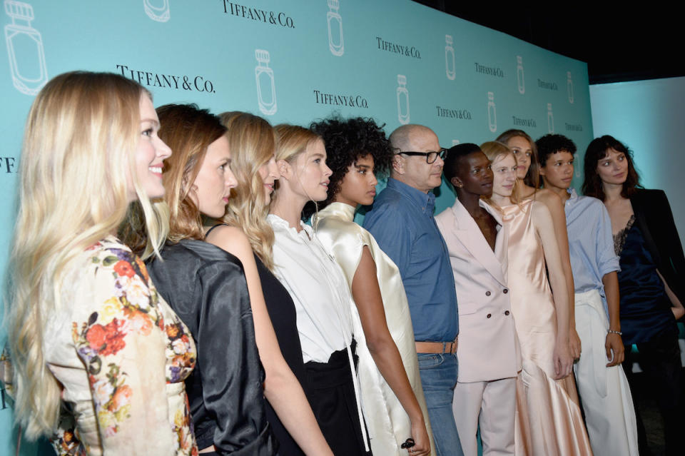 <p>From left, Lindsay Ellingson, Elise Crombez, Vanessa Axente, Doutzen Kroes, Imaan Hammam, Reed Krakoff, Achok Majak, Julia Nobis, Othilia Simon, Dilone, and Kati Nescher at the Tiffany & Co. fragrance launch event in New York City. (Photo by Bryan Bedder/Getty Images for Tiffany & Co.) </p>