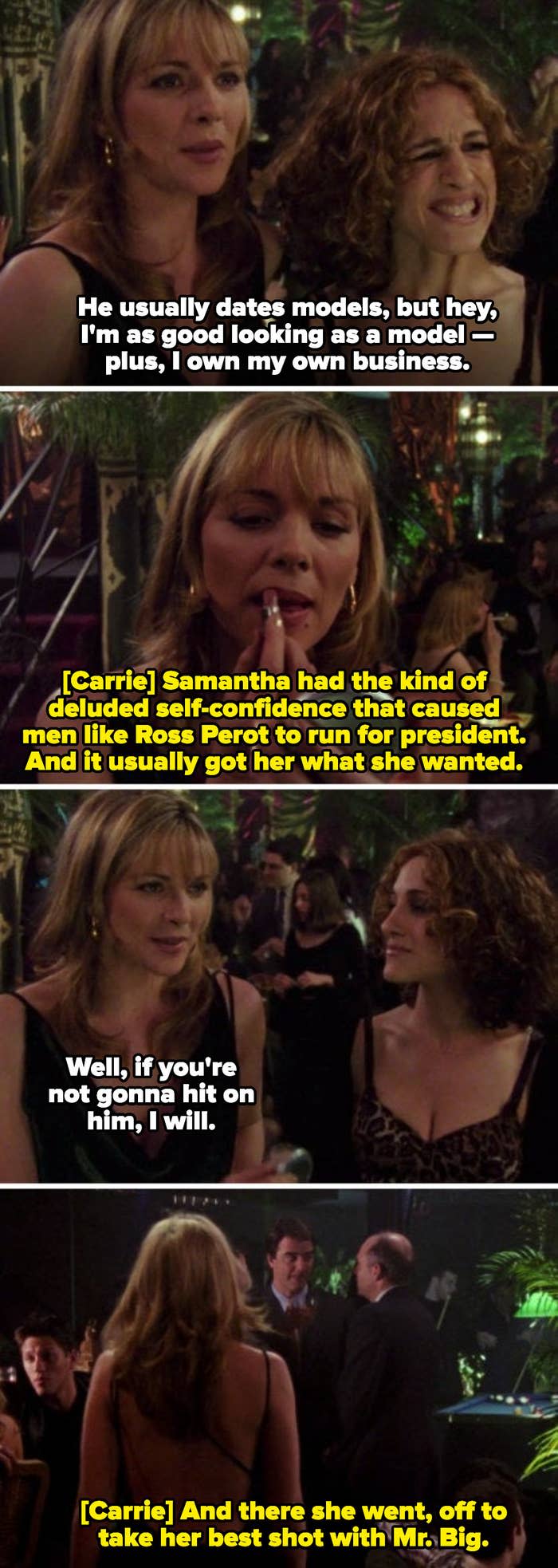 Samantha explaining to Carrie who Mr. Big is in the pilot episode, and eventually hitting on him