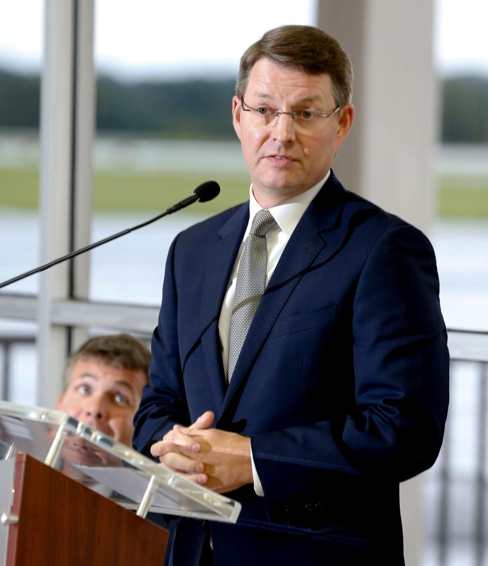 The Tuscaloosa National Airport celebrated a ribbon cutting for the runway extension project that was recently completed Thursday, Aug. 19, 2021. Jim Page, president and CEO of the Chamber of Commerce of West Alabama, speaks before the ribbon is cut. [Staff Photo/Gary Cosby Jr.]