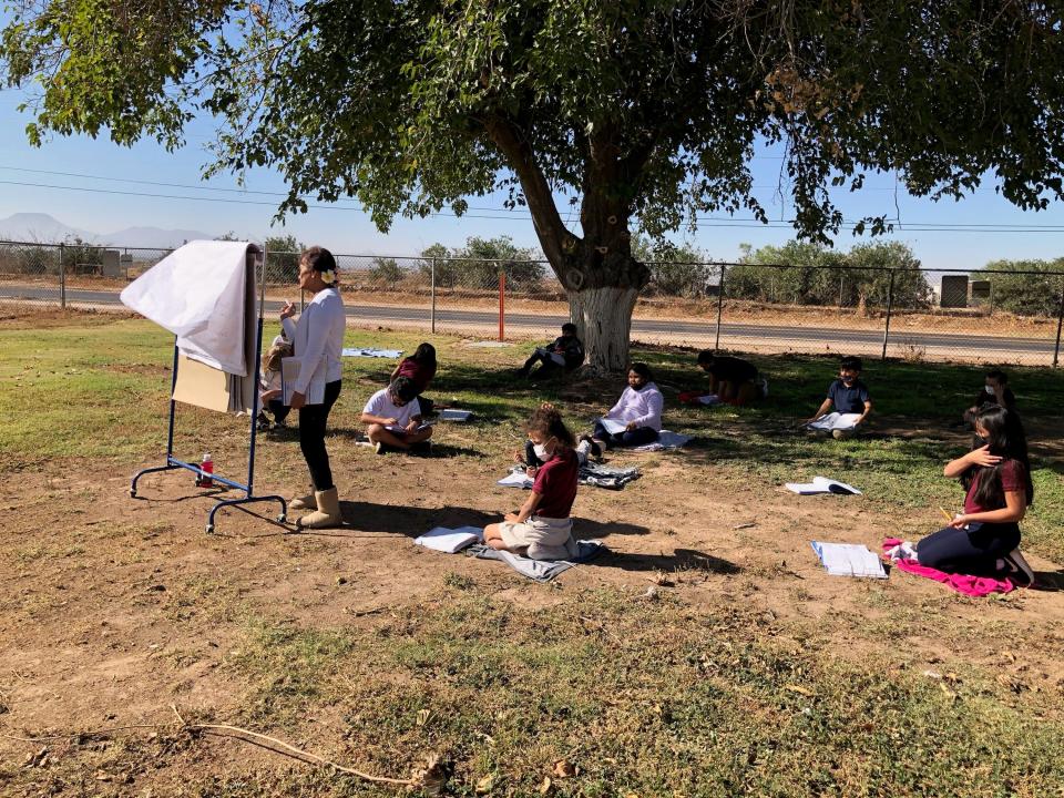 Stanfield staff and students have made use of outside spaces during the pandemic. In November, a third grade class had a snack and learning time outside.