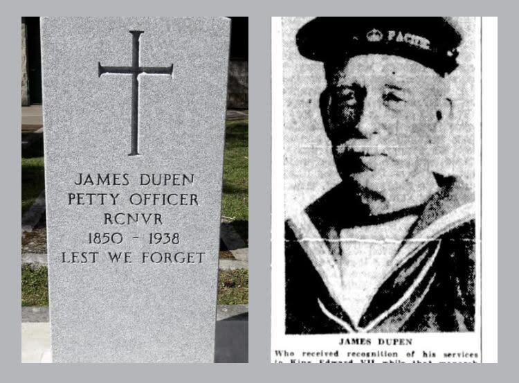 After research by retired combat engineer Kyle Scott and local historians, many fallen soldiers interred in Ross Bay Cemetery in unmarked graves are being remembered with official military grave markers including Petty Officer James Dupen, considered one of the oldest sailors in the First World War.